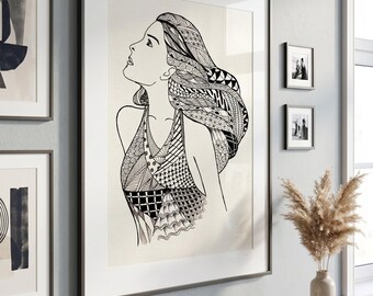 Zentangle Portrait Line Art Print, Minimalist Couple Wall Art (Digital Download)