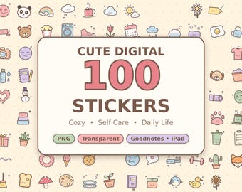 Kawaii Cozy Digital Stickers, 100 Pastel PNG Planner Stickers for Goodnotes & iPad, Self Care, Daily Life, Animals, Seasonal Journal Bundle