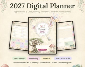 2027 Digital Planner, Fairy Garden Cottagecore, Hyperlinked GoodNotes iPad, Portrait Landscape, Daily Weekly Monthly