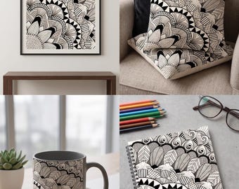 Zentangle Mandala Line Art Print, Geometric Floral Background (Digital Download)