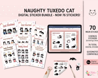 Naughty Tuxedo Cat Digital Sticker Bundle Printable Cute Cat Stickers PNG PDF Pre Cropped GoodNotes Digital Planner Stickers Journal Clip