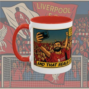 Mo Salah Selfie Mug: Liverpool FC Champions Comic Book Style