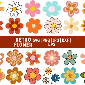 Puede incluir: Una colección de diseños de flores retro coloridas en varias formas y tamaños. Las flores presentan una gama de colores, incluyendo naranja, rosa, azul y amarillo, algunas con múltiples gradientes de color. El texto en una pancarta marrón dice "RETRO SVG | PNG | JPG | DXF | EPS | FLOWER".