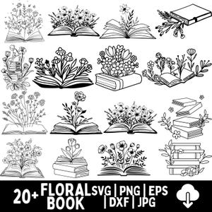 Può includere: Illustrazioni in bianco e nero di libri e fiori. L'immagine presenta vari libri aperti con composizioni floreali e pile di libri con decorazioni floreali. Il testo in basso recita "20+ FLORAL SVG | PNG | EPS BOOK | DXF | JPG".