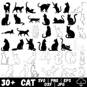 May include: A collection of cat silhouettes in various poses, including standing, sitting, and stretching. The image includes both solid black and line art designs. Text at the bottom reads "30+ CAT SVG PNG DXF EPS JPG".