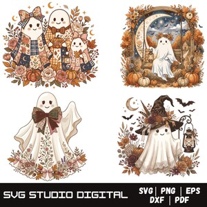 May include: A digital collection of four illustrations featuring white ghosts decorated with autumn elements like pumpkins, fall leaves, flowers, and lanterns. The designs include ghosts wearing bows, hats, and patterned fabrics, set against seasonal backgrounds.