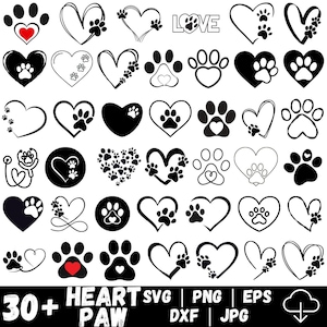 Könnte beinhalten: Eine Sammlung von schwarz-weißen Herz- und Pfotenabdruck-Designs. Die Designs umfassen Herzen mit Pfotenabdrücken, Pfotenabdrücke mit Herzen und das Wort "LOVE" mit einem Pfotenabdruck. Das Bild enthält auch den Text "30+ HEART SVG | PNG | EPS | DXF | JPG".