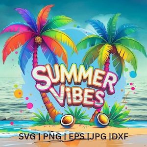 Summer Vibes Png, Sublimation Design, Colorful Summer Clipart, Beach Digital Image, Tropical Png, T-Shirt Design, Instant Download Png, DTF