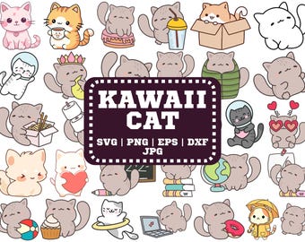 Paquete SVG de gato kawaii: imágenes prediseñadas de gatitos, archivos de Cricut y silueta (descarga digital)