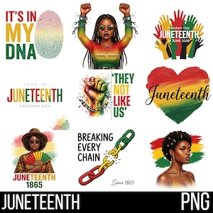 Op de afbeelding: Een verzameling Juneteenth-thema graphics. Ontwerpen omvatten een vrouw met opgeheven, geketende handen, een vuist die kettingen breekt en tekst zoals "It's in My DNA" en "Juneteenth 1865". Het kleurenpalet bevat rood, geel, groen en zwart.
