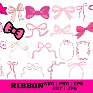 May include: A collection of pink and fuchsia ribbon designs in various styles, including bows and decorative frames. The image features the word "RIBBON" in bold black letters on a bright pink background, along with file format options.