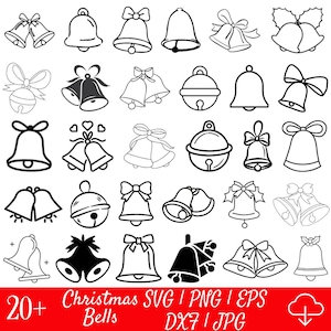 May include: A selection of black and white Christmas bell designs. The image shows different bell shapes, some with bows and holly. Text at the bottom reads "20+ Christmas SVG | PNG | EPS DX7 | JPG".