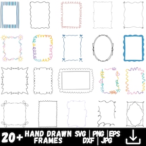 May include: Collection of hand-drawn frames in various styles. The frames include rectangular, oval, and square shapes with decorative borders. Some frames have colorful accents, while others are simple black outlines. The text "20+ Hand Drawn SVG Frames" is at the bottom.