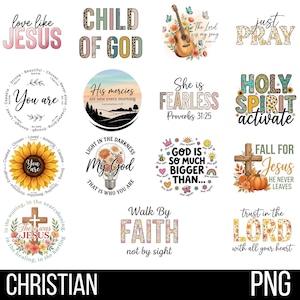 May include: A collection of Christian-themed designs with various phrases and graphics. Includes text like "Love Like Jesus," "Child of God," and "Holy Spirit Activate." Features a guitar, sunflower, cross, and other religious symbols.