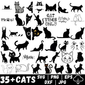 Op de afbeelding: Een verzameling kat-thema graphics in verschillende poses en stijlen. Bevat silhouetten, lijntekeningen en tekstelementen zoals "Meow" en "Cat Vibes Only". De afbeelding bevat ook de tekst "35+ CATS" en bestandstype-indicatoren.