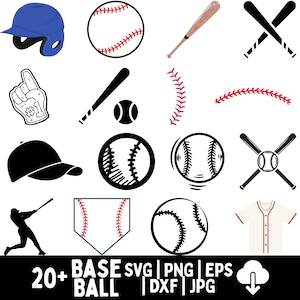 May include: A collection of baseball-themed graphics, including a blue helmet, baseballs, bats, a foam finger, a baseball cap, a batter silhouette, a home plate, and a jersey. The image also includes the text "20+ BASE BALL SVG | PNG | EPS | DXF | JPG".