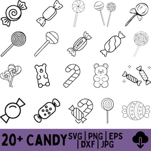 May include: Black and white line art illustrations of various candies, including lollipops, wrapped candies, a gummy bear, and a candy cane. The image also includes the text "20+ CANDY" with file type options: SVG, PNG, EPS, DXF, and JPG.
