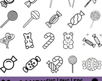 Puede incluir: Ilustraciones en blanco y negro de varios caramelos, incluyendo piruletas, caramelos envueltos, un osito de goma y un bastón de caramelo. La imagen también incluye el texto "20+ CANDY" con opciones de tipo de archivo: SVG, PNG, EPS, DXF y JPG.