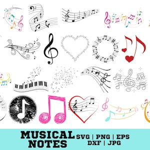 Puede incluir: Una colección de diseños de notas musicales en varios estilos y colores. Incluye claves de sol, pentagramas y notas individuales en negro, rosa, rojo, amarillo y azul. Las palabras "MUSICAL NOTES" están en la parte inferior, junto con abreviaturas de tipos de archivo.