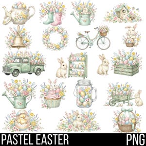 May include: A selection of pastel Easter illustrations featuring bunnies, eggs, and floral arrangements. The images include a teapot, watering cans, a bicycle, and a truck. The text "PASTEL EASTER" is at the bottom of the image.