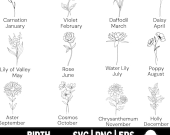 Birth Month Svg Bundle, Flower Svg, Floral svg, Botanical svg, Rose svg, Daisy svg, Poppy svg, Birthday svg, Custom Birth Flower,Tattoo svg