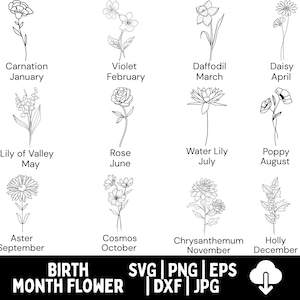 Birth Month Svg Bundle, Flower Svg, Floral svg, Botanical svg, Rose svg, Daisy svg, Poppy svg, Birthday svg, Custom Birth Flower,Tattoo svg