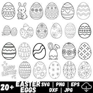 Könnte beinhalten: Schwarz-weiße Strichzeichnung von Ostereiern mit verschiedenen Mustern und einem Hasen, der ein Ei hält. Die Worte "Happy Easter" sind enthalten, zusammen mit dem Text "20+ Easter Eggs SVG | PNG | EPS | DXF | JPG".