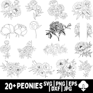 Bundle svg pivoines, pivoine svg, svg bouquet de pivoines, arrangement floral svg, svg de fleurs de mariage, fleur de pivoine, fichiers de découpe commerciaux