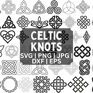 Może przedstawiać: Kolekcja czarno-białych wzorów węzłów celtyckich w różnych kształtach i stylach. Obraz zawiera tekst "CELTIC KNOTS" z opcjami formatu pliku: SVG, PNG, JPG, DXF i EPS.
