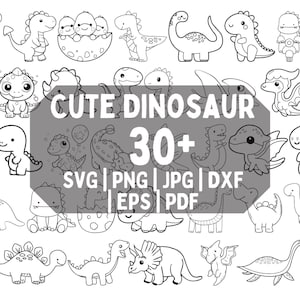 Peut inclure: Un ensemble de plus de 30 illustrations de dinosaures mignons en noir et blanc. Les illustrations comprennent différentes espèces de dinosaures, comme le tricératops, le stégosaure et le ptérodactyle. Le texte "Cute Dinosaur 30+ SVG | PNG | JPG | DXF | EPS | PDF" est inclus dans l'image.