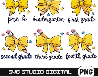 Coquette Back To School PNG Bundle: Pencil Bow Png, First Day Of School Png, Pre-K To 4th Grade Sublimation