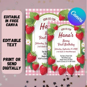 Pink Gingham Berry First Birthday Invitation Template, Berry First Birthday Invitation, Berry First Birthday Invitation Digital