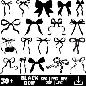 Puede incluir: Una colección de diseños de lazo negro en varios estilos. La imagen incluye lazos con diferentes longitudes de cinta y variaciones de nudos. El texto en la parte inferior dice "30+ BLACK BOW SVG | PNG | EPS | DXF | JPG".