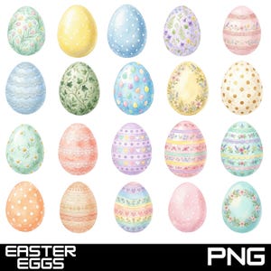 Könnte beinhalten: Eine Sammlung von zwanzig Ostereiern in Aquarellfarben. Jedes Ei hat ein einzigartiges Design mit Blumenmustern, Punkten und Spitze. Der Text "EASTER EGGS" und "PNG" ist unten im Bild zu sehen.