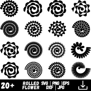 Puede incluir: Una colección de diseños de flores enrolladas negras en varios estilos. La imagen incluye una variedad de formas espirales y circulares, con diferentes detalles de borde. El texto "20+ Rolled Flower SVG | PNG | EPS | DXF | JPG" está en la parte inferior.
