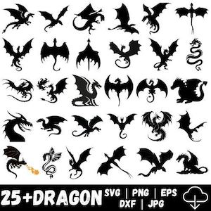 Könnte beinhalten: Eine Sammlung schwarzer Drachensilhouetten in verschiedenen Posen, darunter fliegend, stehend und eingerollt. Das Bild enthält den Text "25+ DRAGON" sowie Dateityp-Indikatoren: SVG, PNG, EPS, DXF und JPG.
