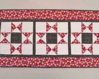 Quilted Table Runner 54.5 x 15.75 Americana Patriotic Star Farmhouse Rustic Spring Summer Floral