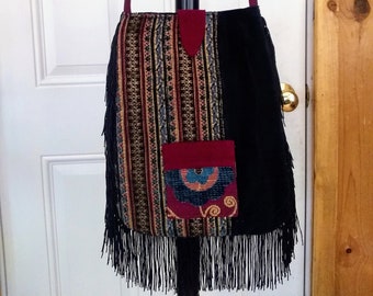 Upcycled Tapestry Velvet Fringe Cross Body Purse Gypsy Boho Hippie Tribal Vegan Messenger  Fabric