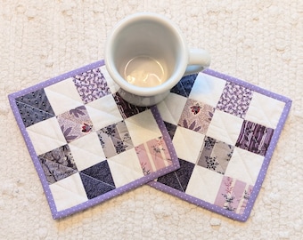 Quilted Mug Rugs Coasters 6.5&quot; Handmade Vintage Country Rustic Farmhouse Cottage Core Scrappy Patchwork Candle Mats Set of 2