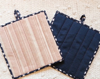 Quilted Potholders Hot Pads Set of 2 Ticking Americana Farmhouse Country Cottage Chic