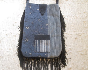 Tapestry Fringe Cross Body Bag Bohemian Gypsy Hippie Vegan Messenger Bag Upcycled Upholstery -Fabric