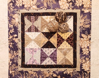 Quilted Primitive Table Topper Runner 18 x 18 Rustic Farmhouse Country Scrappy Hour Glass