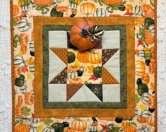 Handmade Quilted Table Runner: Pumpkin Harvest Sawtooth Star, (16” Square)