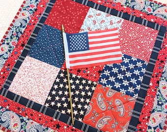 Quilted Table Topper 19.5 x 19.5 Runner Patriotic Americana Scrappy Patchwork Farmhouse Cottage Country