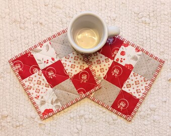Valentine's Mug Rugs Quilted: Handmade Scrappy Patchwork Farmhouse, (6.5" Square)
