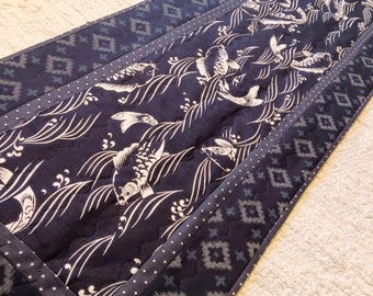 Japanese Indigo Quilted Table Runner Topper 46 x 13.25 Indigo Modern Wabi Sabi Contemporary Minimalist Zen