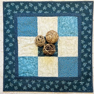Quilted Table Topper: Scrappy Patchwork Farmhouse Teal Blue (17" Square)