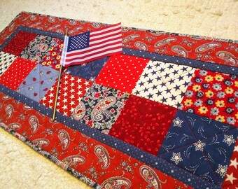 Quilted Table Runner 31 x 13 Topper Patriotic 4th of July Spring Summer Country Farmhouse Patchwork