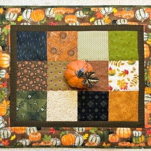 Fall Quilted Table Topper: Patchwork Pumpkins Farmhouse Rustic (16” x 19.5”)
