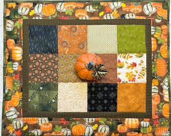 Fall Quilted Table Topper: Patchwork Pumpkins Farmhouse Rustic (16” x 19.5”)